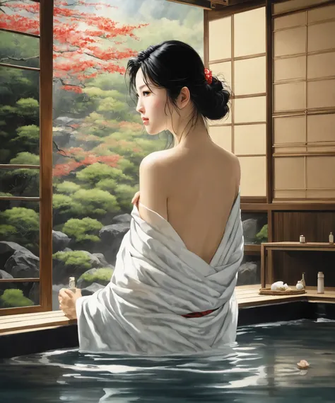 Japanese bath, the girl is standing under the cover of a towel