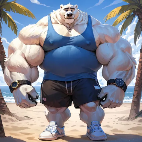 polar bear, old man, male, solo, huge muscular polar bear in L.A. beach, big feats flex, big grunting, polar bear, huge white fur, thick arm, huge arm, thick neck, detailed thick mustache and beard, buzz cut hair, (muscular, pectoral, wide pectoral, thick ...