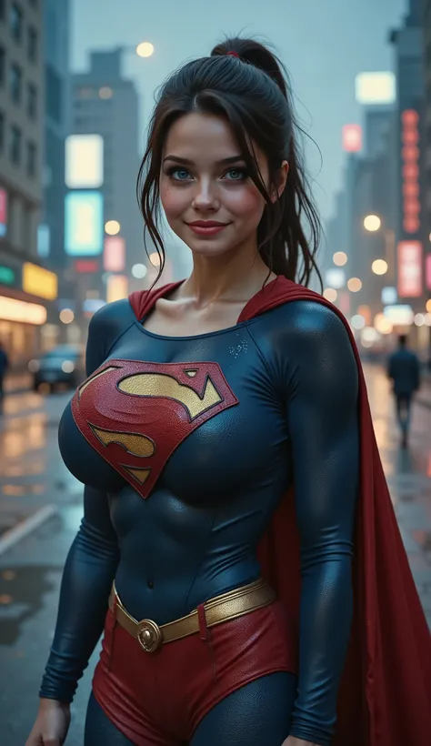 A cinematic, ultra-detailed full-body 8mm film-style digital photo of a young woman standing tall in the rain, fully embodying Superman. She is 19 years old, tall and slender, with a youthful, freckled face, vivid blue eyes, and dark brunette hair tied bac...
