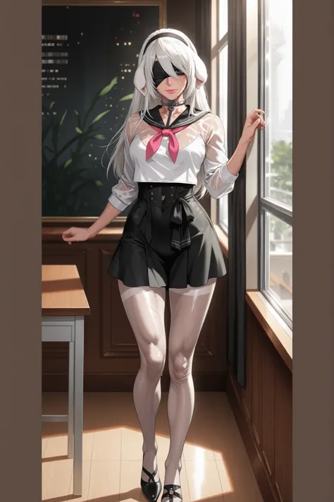 2b, nier automata, yorha, android, black blindfold, female, anime
1girl
Cowboy shot
Solo
Sharp outlines, rich details
(long white hair covering human ears, 2long white rabbits ears, 2fluffy ears, pink lips, NO EARRINGS)
Iron Collar with O-Ring
Subtle natur...