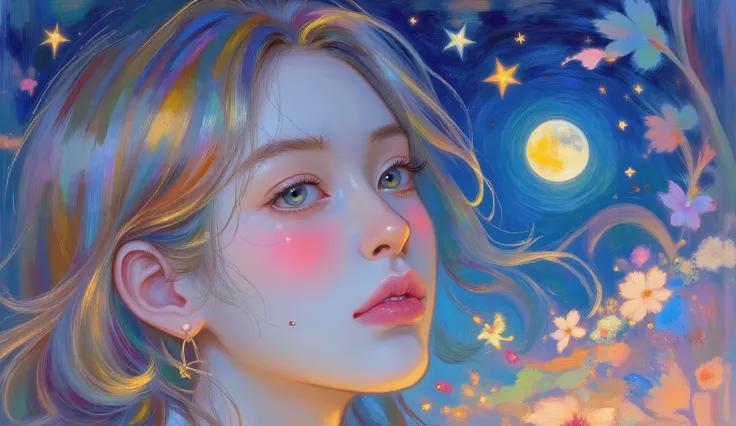 impressionist_ style ,oil ,brushstrokes that capture the essence of Impressionism with its vivacity, brilliant representation of a female face.
This artwork includes、in the foreground a woman, with a delicate face and bright eyes, Looking at the starry sk...