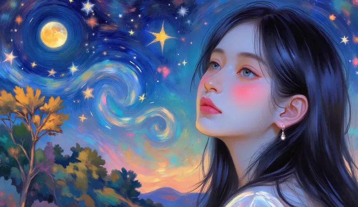 impressionist_ style ,oil ,brushstrokes that capture the essence of Impressionism with its vivacity, brilliant depiction of a female face with bright blue eyes.
This work of art includes a woman in the foreground, with a delicate face and bright eyes, Look...
