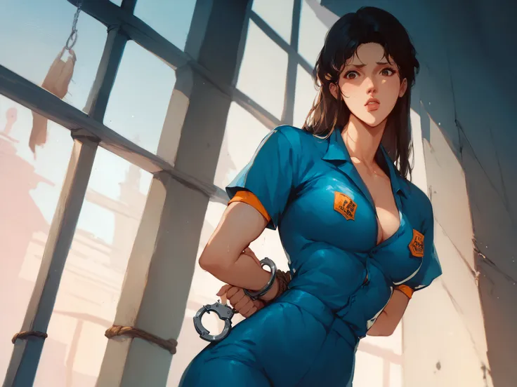 A woman is standing in blue prison pants and a blue prison uniform, hands tied with handcuffs, black long hair, brown eye,