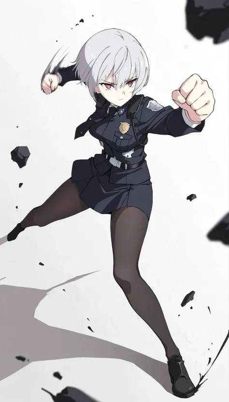 ((masterpiece)), (best quality), 1girl, solo, simple background, temptation, delicate face, Battle Pose , Punching, full body, silver short hair, long sideburn, Disdainful Eyes, Black Stockings, Damaged black police uniform, medium breasts, style: midjou...