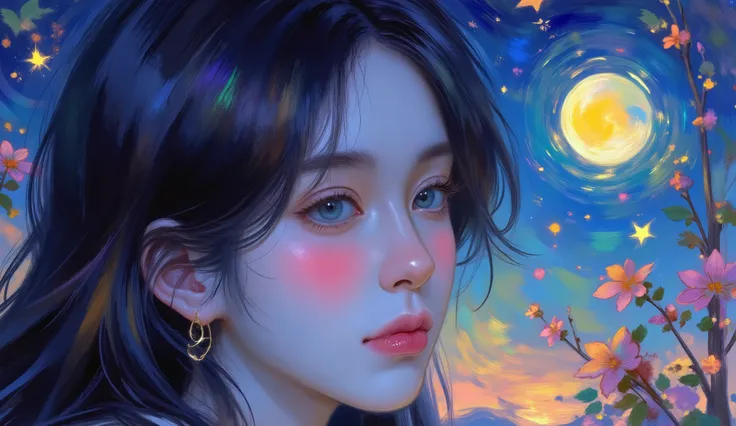 impressionist_ style ,oil ,brushstrokes that capture the essence of Impressionism with its vivacity, glowing depiction of a female face with bright blue eyes.
This work of art includes a woman in the foreground, with a delicate face and bright eyes, Lookin...