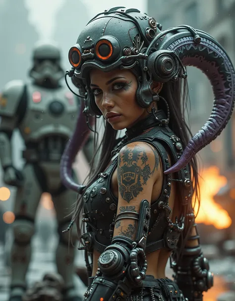 cinematographic photograph using rule of thirds and composition in planes Photo 3/ 4 takes over the entire body  , of a beautiful and very sexy young woman features of a Mexican woman with incomparable Latin beauty , top model, tattooed, Storm Trooper from...