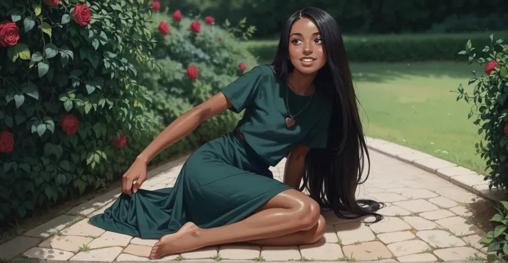a girl in a rose garden wearing a long green dress with short sleeves, straight black hair, long hair, round chin, snub nose, black eyes, BROWN LIPS, sorriso, boca aberta, perfect teeth, sardas, shiny skin, medium bikini, perfect feet, bare feet