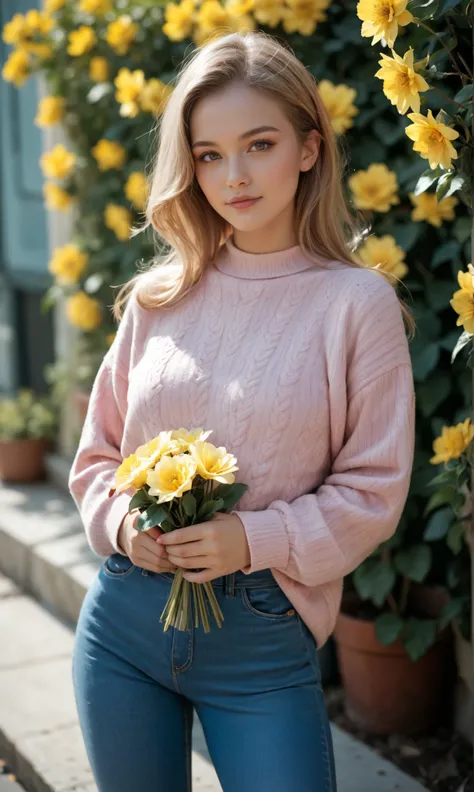 Futuristic girl, light brown hair, elongated light brown eyes, white skin, wears a beautiful pink sweater and blue jeans, she is looking at the viewer, she is holding a yellow flower, extremely detailed realistic style image 4k