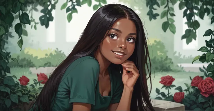 a girl in a rose garden wearing a long green dress with short sleeves, straight black hair, long hair, round chin, snub nose, black eyes, BROWN LIPS, sorriso, boca aberta, perfect teeth, sardas, shiny skin, medium bikini, perfect feet, bare feet