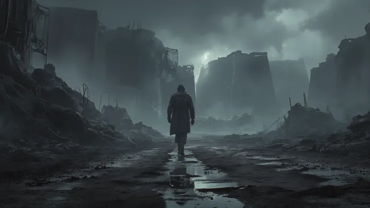 Extra wide shot, dutch angle, down shot, photorealistic, french, OBtaozhuang, Man walking across a barren wasteland on the left side of the photo, destroyed machinery scattered across ground, ruined city in the distance, blackened sky, dark, foreboding, ...