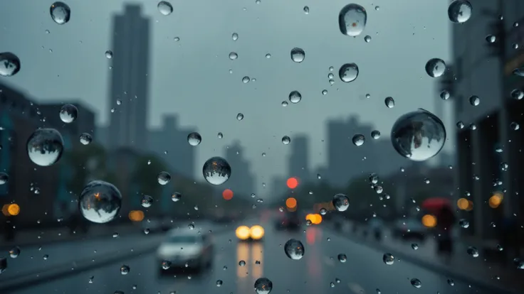 A photograph looking up at the sky. Many raindrops are falling. Focus on the raindrops. Each raindrop has a beautiful reflection of the cityscape. Super close up on the raindrops. outdoors, cityscape, ray tracing, UHD, HDR, 16k, DSLR, cinematic, photoreali...