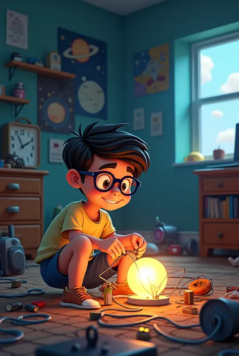Scene 1: টিটুর ঘরে টাইম মেশিন বানানো

প্রম্পট ১:

> A cartoon boy around  with glasses, wearing a T-shirt and shorts, sitting on the floor of a messy room, surrounded by wires, an old clock, batteries, and tools. He is smiling while connecting wires to a g...
