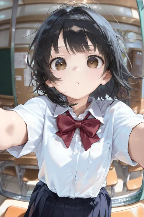 1girl, japanese, wearing seifuku japanese high school uniform, short black hair, brown eyes, japanese features, round monolid eyes, round face, japanese eyes(masterpiece:1.2), (best quality:1.2), (very aesthetic:1.2), (absurdres:1.2), (detailed background)...