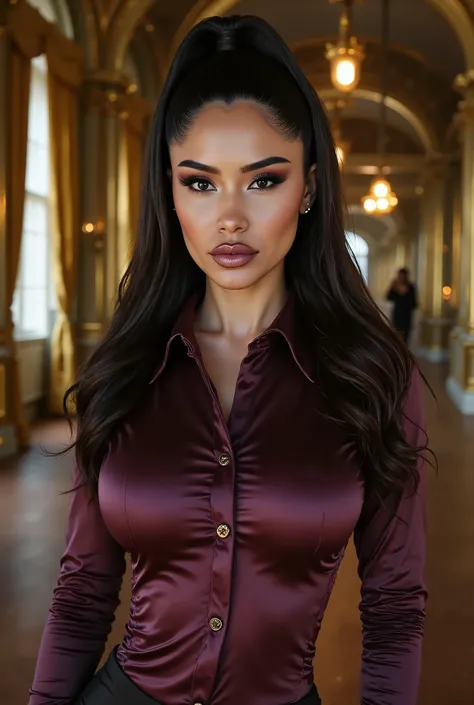 Janet Guzman, woman in mulbery shirt and black pants posing in a room, silk, satin, black, inspiration, onyx, amber, anja millen, wearing silk, close portrait, essence, victoria, portrait, classic portrait, elegant style, detailed realistic skin texture, r...