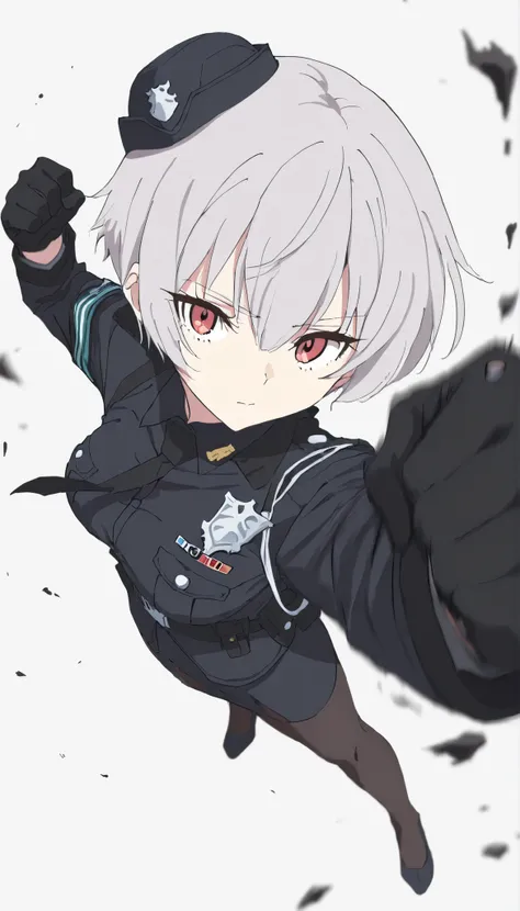 ((masterpiece)), (best quality), 1girl, solo, simple background, temptation, delicate face, Battle Pose , Punching, full body, silver short hair, long sideburn, Disdainful Eyes, Black Stockings, Damaged black police uniform, medium breasts, style: midjou...