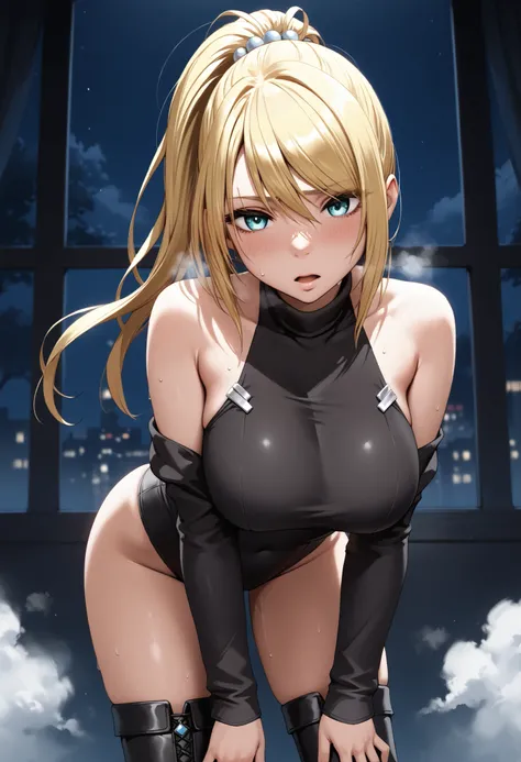 great quality,very beautiful,Absard dress,top quality,newest,masterpiece,4k,resolution,animated screen capture,1 girl,solo, golden hair, ponytail, hair between eyes,  Aqua Eyes, has super huge breasts that are just about to break,Sweat is pouring out a lot...