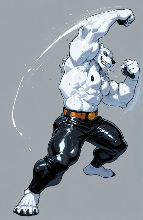 solo, 1boy, side view, full body, correct anatomy, ThokkIN, furry, anthro, masculine, tough face, detailed face, detailed glowing eyes black sclera orange pupils, very muscular, athletic body, slim, broad shoulders, thick arms, small head, (hairy) wet armp...