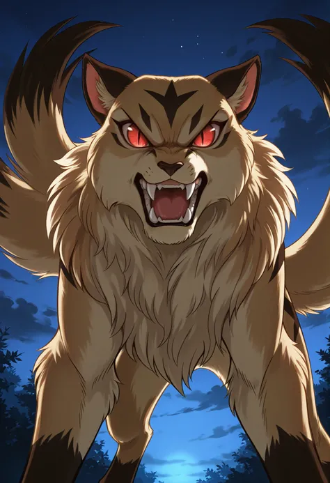 Kirara (transformed), solo, no humans, slit pupils, fangs out, red eyes, tan fur, two tails, black diamond mark on head, detailed fur, detailed teeth, looking at viewer, three quater view, open mouth, snarling, angry, nighttime, backlighting