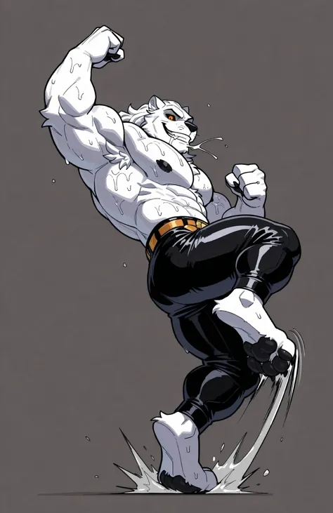 solo, 1boy, side view, full body, correct anatomy, ThokkIN, furry, anthro, masculine, tough face, detailed face, detailed glowing eyes black sclera orange pupils, very muscular, athletic body, slim, broad shoulders, thick arms, small head, (hairy) wet armp...