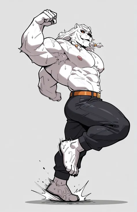 solo, 1boy, side view, full body, correct anatomy, ThokkIN, furry, anthro, masculine, tough face, detailed face, detailed glowing eyes black sclera orange pupils, very muscular, athletic body, slim, broad shoulders, thick arms, small head, (hairy) wet armp...