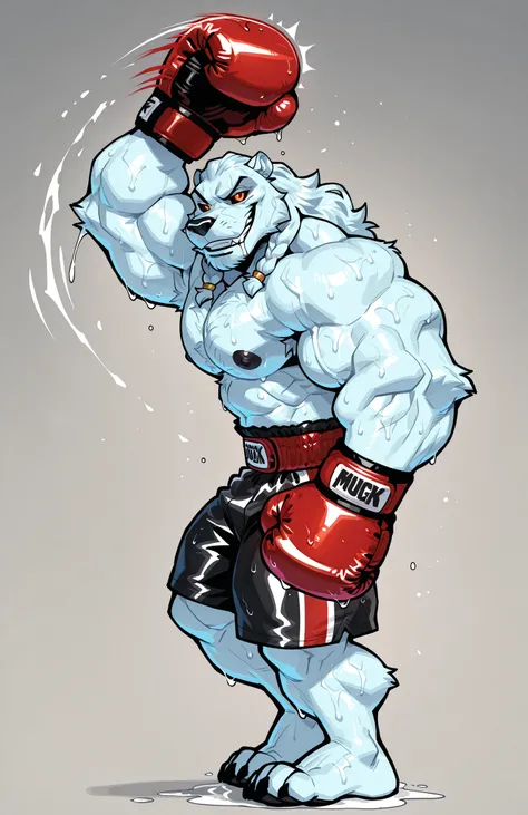 solo, 1boy, side view, full body, correct anatomy, ThokkIN, furry, anthro, masculine, tough face, detailed face, detailed glowing eyes black sclera orange pupils, very muscular, athletic body, slim, broad shoulders, thick arms, small head, (hairy) wet armp...