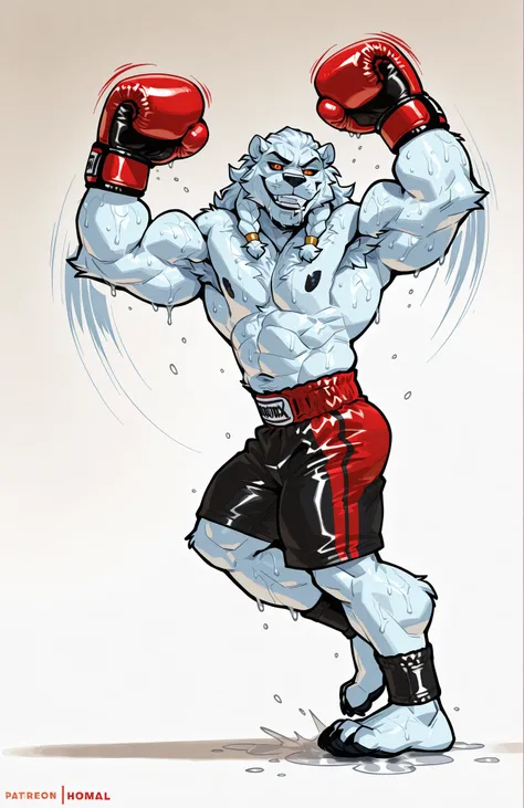 solo, 1boy, side view, full body, correct anatomy, ThokkIN, furry, anthro, masculine, tough face, detailed face, detailed glowing eyes black sclera orange pupils, very muscular, athletic body, slim, broad shoulders, thick arms, small head, (hairy) wet armp...