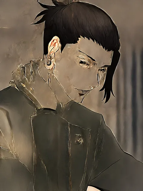 male性、solo、length, Narrow eyes、Narrow eyes、[The eyebrows are thin]、The background is Shinjuku、（blurry background）An anime-style male character with long, jet-black hair ,All on the back ,(I'm wearing a high tied) , behind ,simple black rough Fashion, Big E...