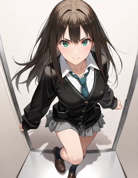  Shibuya Rin,solo, hyperdetail face, to close、 slightly angry expression 、 black hair, Long, white blouse, black cardigan, Green ribbon tie ,socks, loafers, standing, first-person view、POV、Slightly bird's-eye view、kick a man in the crotch, Kick with the ba...