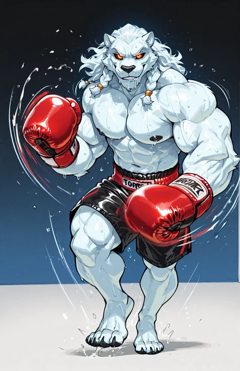 solo, 1boy, full body, correct anatomy, ThokkIN, furry, anthro, masculine, tough face, detailed face, detailed glowing eyes black sclera orange pupils, very muscular, athletic body, slim, broad shoulders, thick arms, small head, smile, drooling saliva, swe...