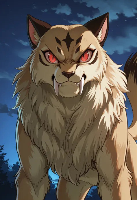 Kirara (transformed), solo, no humans, slit pupils, fangs out, red eyes, tan fur, two tails, black diamond mark on head, detailed fur, ((three quater view)), angry, nighttime, backlighting