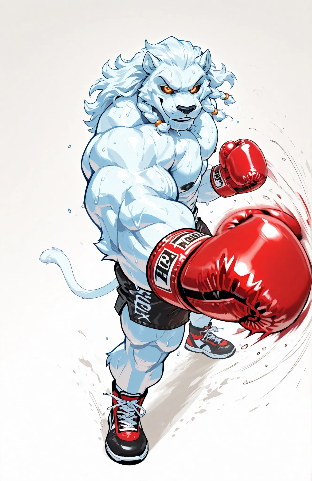 solo, 1boy, full body, correct anatomy, ThokkIN, furry, anthro, masculine, tough face, detailed face, detailed glowing eyes black sclera orange pupils, very muscular, athletic body, broad shoulders, thick arms, small head, smile, drooling saliva, sweat dri...