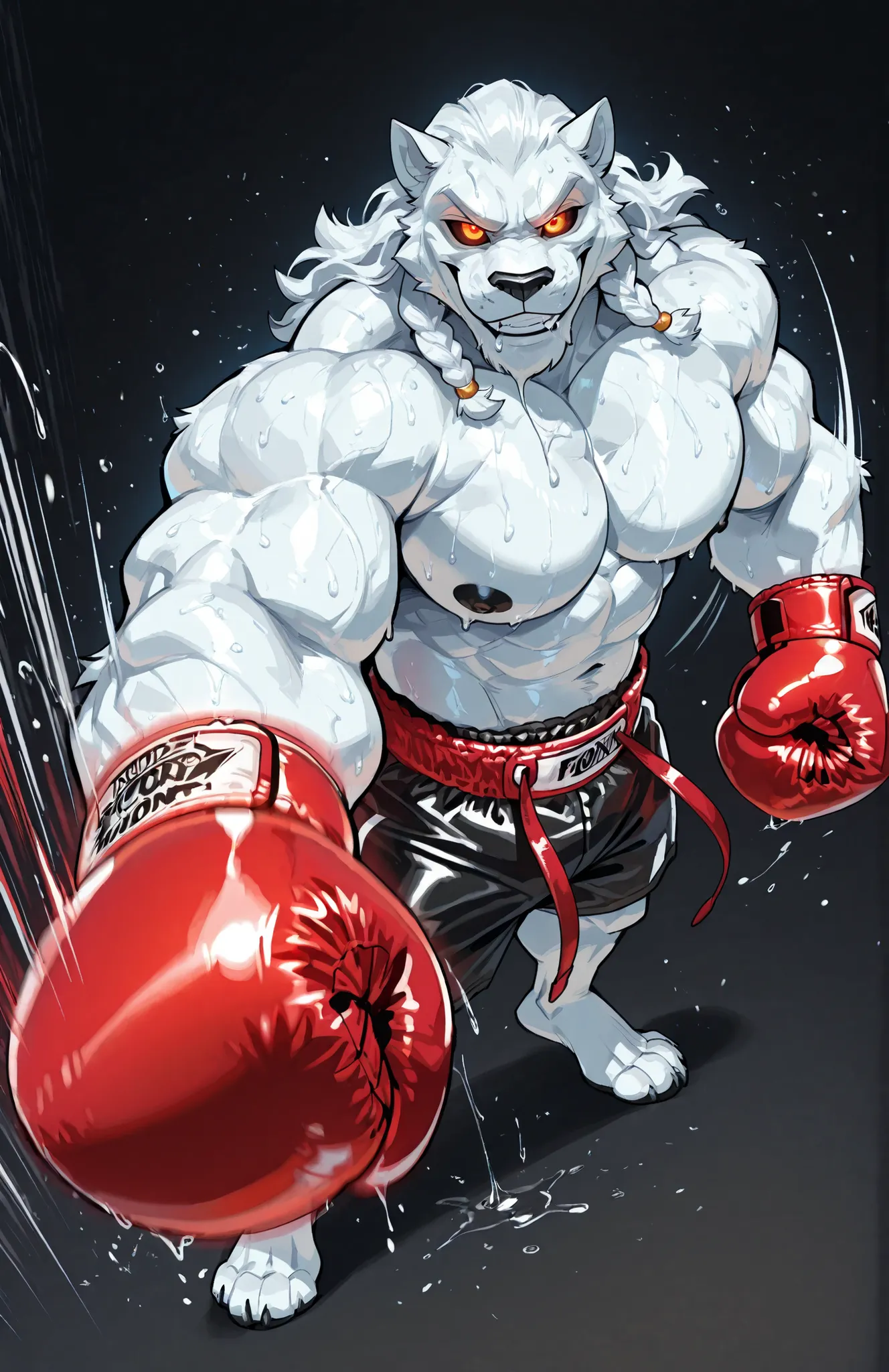 solo, 1boy, full body, correct anatomy, ThokkIN, furry, anthro, masculine, tough face, detailed face, detailed glowing eyes black sclera orange pupils, very muscular, athletic body, broad shoulders, thick arms, small head, smile, drooling saliva, sweat dri...