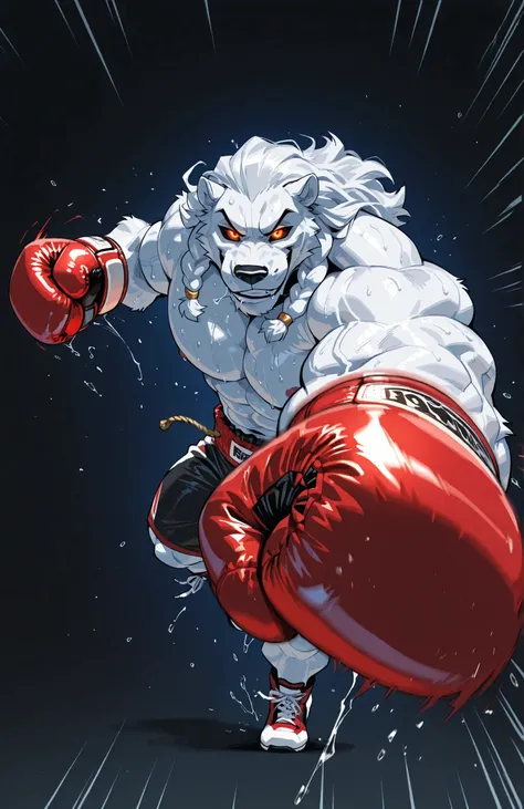 solo, 1boy, full body, correct anatomy, ThokkIN, furry, anthro, masculine, tough face, detailed face, detailed glowing eyes black sclera orange pupils, very muscular, athletic body, broad shoulders, thick arms, small head, smile, drooling saliva, sweat dri...