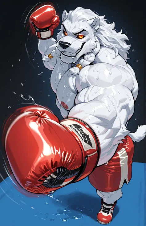 solo, 1boy, full body, correct anatomy, ThokkIN, furry, anthro, masculine, tough face, detailed face, detailed glowing eyes black sclera orange pupils, very muscular, athletic body, broad shoulders, thick arms, small head, smile, drooling saliva, sweat dri...