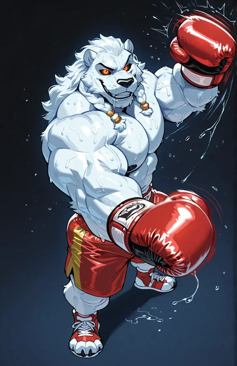 solo, 1boy, full body, correct anatomy, ThokkIN, furry, anthro, masculine, tough face, detailed face, detailed glowing eyes black sclera orange pupils, very muscular, athletic body, broad shoulders, thick arms, small head, smile, drooling saliva, sweat dri...