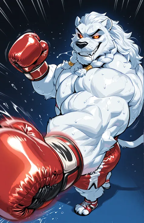 solo, 1boy, full body, correct anatomy, ThokkIN, furry, anthro, masculine, tough face, detailed face, detailed glowing eyes black sclera orange pupils, very muscular, athletic body, broad shoulders, thick arms, small head, smile, drooling saliva, sweat dri...