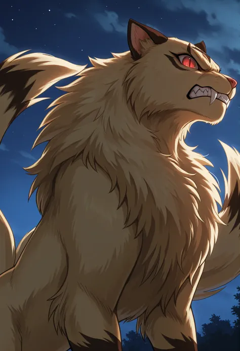 Kirara (transformed), solo, no humans, slit pupils, fangs out, red eyes, tan fur, two tails, black diamond mark on head, detailed fur,  side view, ((three quater view)), angry, nighttime, backlighting