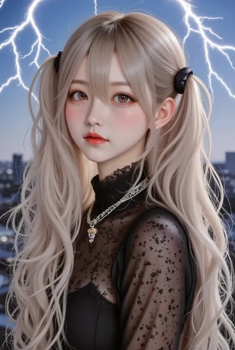 30 years old Blonde Woman,Energetic lightning in the night sky in the city, she have a hot 沙漏身體 with huge tots and bubble butt, (She is not looking at the camera), Brown eyes, (blonde Long hair), realistic and Fine Face , Beautiful woman , , Fine Face , ...
