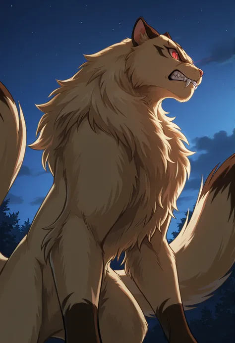 Kirara (transformed), solo, no humans, slit pupils, fangs out, red eyes, tan fur, two tails, black diamond mark on head, detailed fur, side view, ((three quater view)), angry, nighttime, backlighting