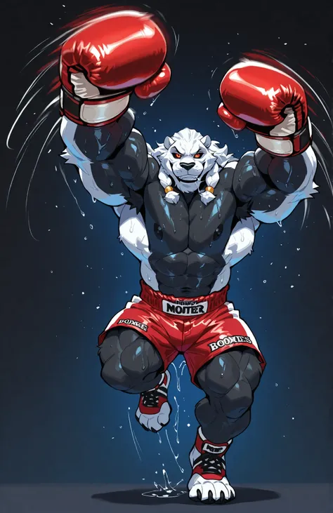 solo, 1boy, full body, correct anatomy, ThokkIN, furry, anthro, masculine, tough face, detailed face, detailed glowing eyes black sclera orange pupils, very muscular, athletic body, broad shoulders, thick arms, small head, smile, drooling saliva, sweat dri...