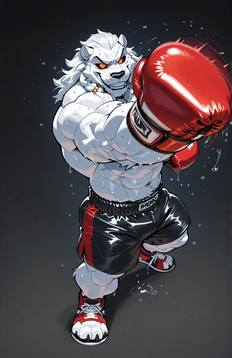 solo, 1boy, full body, correct anatomy, ThokkIN, furry, anthro, masculine, tough face, detailed face, detailed glowing eyes black sclera orange pupils, very muscular, athletic body, broad shoulders, thick arms, small head, smile, drooling saliva, sweat dri...