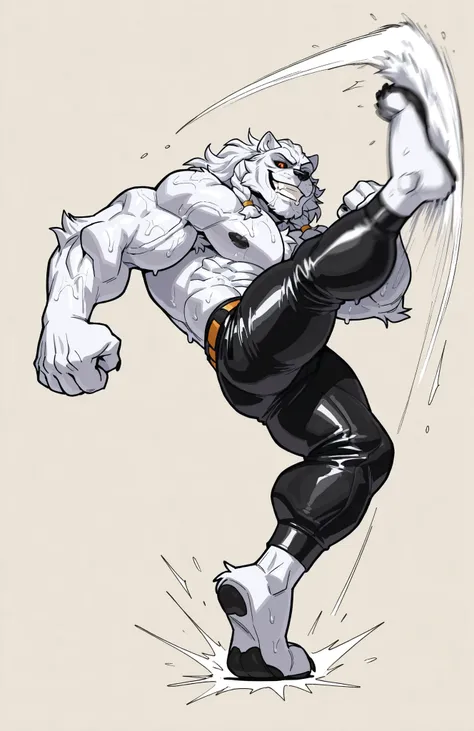 solo, 1boy, side view, full body, correct anatomy, ThokkIN, furry, anthro, masculine, tough face, detailed face, detailed glowing eyes black sclera orange pupils, very muscular, athletic body, slim, broad shoulders, thick arms, small head, (hairy) wet armp...