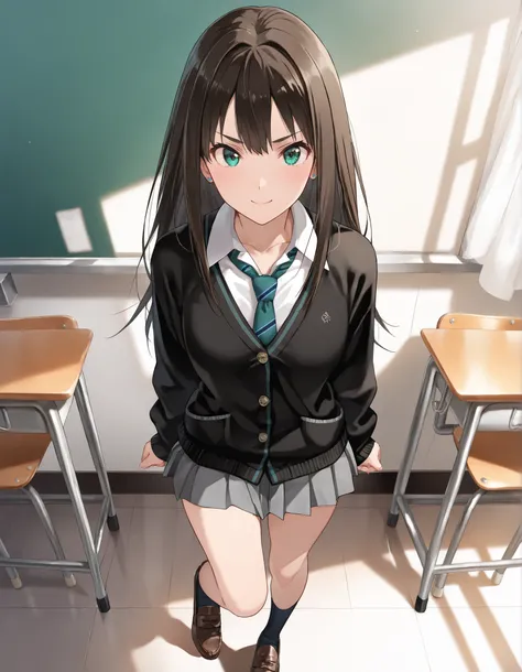  Shibuya Rin,solo, hyperdetail face, to close、 slightly angry expression 、 black hair, Long, white blouse, black cardigan, Green ribbon tie ,socks, loafers, standing, first-person view、POV、Slightly bird's-eye view、kick a man in the crotch, Kick with the ba...