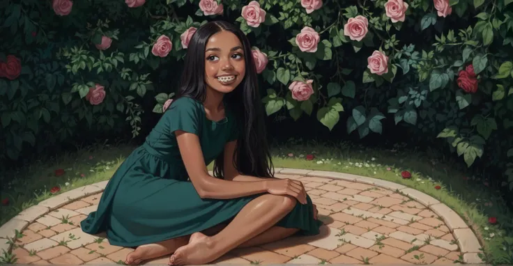 a girl in a rose garden wearing a long green dress with short sleeves, straight black hair, long hair, round chin, snub nose, black eyes, BROWN LIPS, sorriso, boca aberta, perfect teeth, sardas, shiny skin, medium bikini, perfect feet, bare feet, dental b...