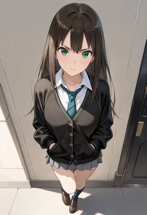  Shibuya Rin,solo, hyperdetail face,Close distance、 slightly angry expression 、 black hair, Long, white blouse, black cardigan, Green ribbon tie ,socks, loafers, standing, first-person view、POV、Slightly bird's-eye view、kick a man in the crotch,raise one le...