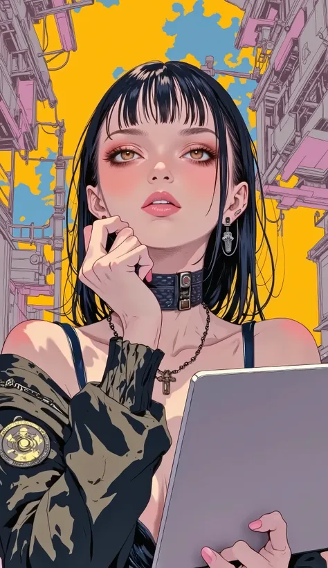 8k, masterpiece, top quality, beautiful woman in silya room, close-up. dark hair, up hair, Hold an open laptop in one hand、 rosy cheeks , Thick lips with plump, luster, and luster, street style, geometric,POP Art, Graphical