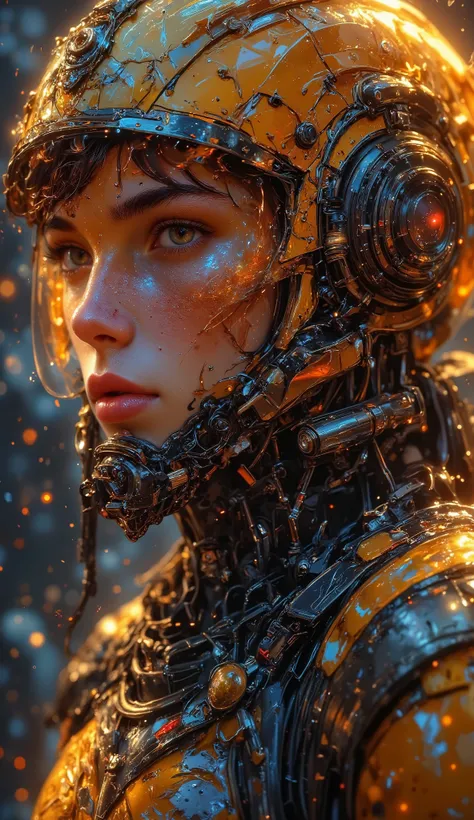 8k, masterpiece, highest quality, Low-angle, close-up. Translucent, Orange, glass-like, detailed, spherical helmet, buckles, straps, mechanical elements, smooth, glassy texture, small particles, dark, blurry, highlights, smooth surfaces, curves, iridescent...