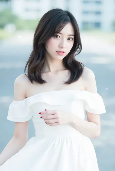 Create an image of a fair-skinned Japanese girl with medium-length straight hair stands gracefully in a 'White Cinderella' costume. The composition captures her in a knee-length pose against a blurred background that resembles a white fantasy world, with a...