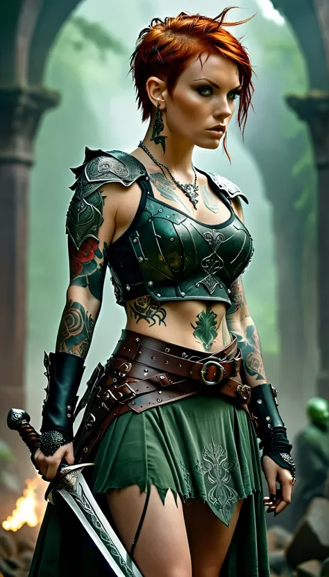 Highly detailed, cinematic, photo realistic. A captivating red-haired female warrior with a pixie-style haircut and intricate, non-glowing tattoos covering her back, arms, and torso. She stands in a full-body pose, looking over her shoulder, piercing green...