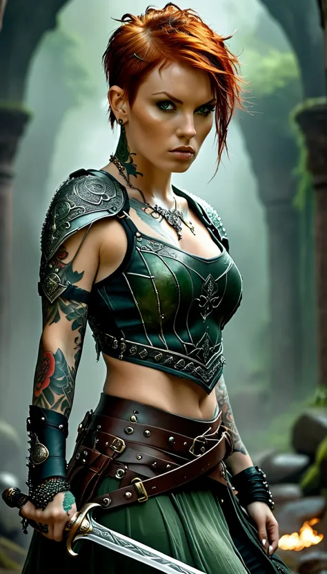 Highly detailed, cinematic, photo realistic. A captivating red-haired female warrior with a pixie-style haircut and intricate, non-glowing tattoos covering her back, arms, and torso. She stands in a full-body pose, looking over her shoulder, piercing green...